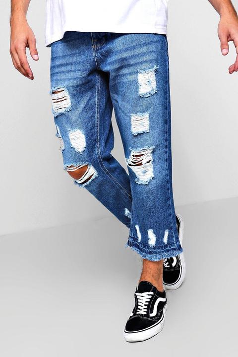 Cropped Distressed Jeans With Raw Hem