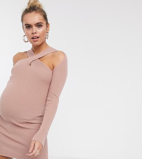 Asos Design Maternity - Robe Courte En Maille Avec Effet Croisé Au Col-marron