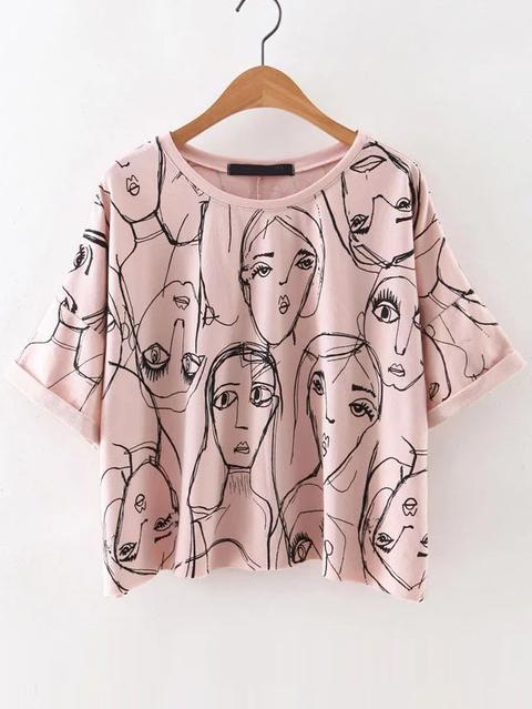 Pink Portrait Print Roll Sleeve T-shirt