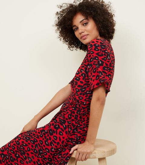 red leopard print dress midi