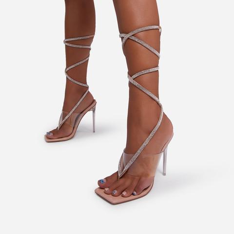 Obey Diamante Detail Lace Up Square Toe Clear Perspex Heel In Nude Patent, Nude
