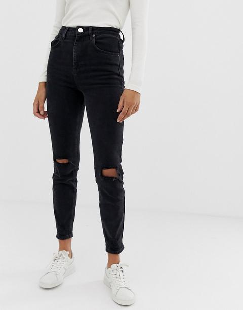 Asos Design High Rise Farleigh 'slim' Mom Jeans In Washed Black With Busted Knees