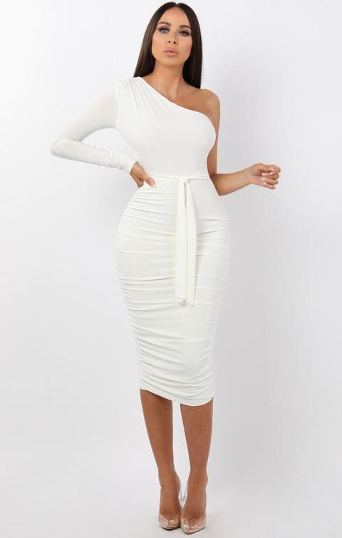 white one shoulder ruched slinky midi dress