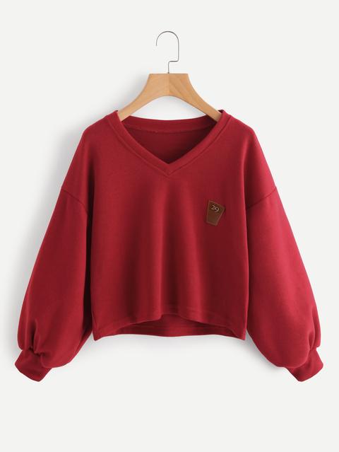 V Neckline Lantern Sleeve Patch Sweatshirt