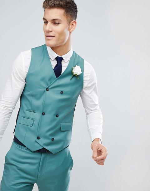 Asos Wedding - Gilet Da Abito Slim In 100% Lana Verde Pino - Verde