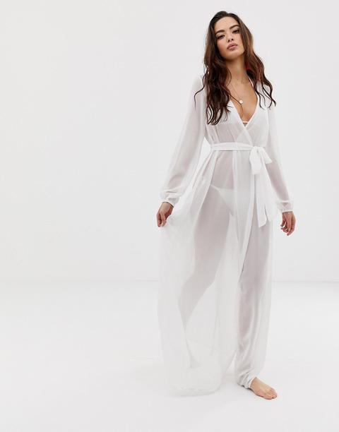 Asos Design Recycled Long Sleeve Wrap Tie Chiffon Maxi Beach Kimono In White - White