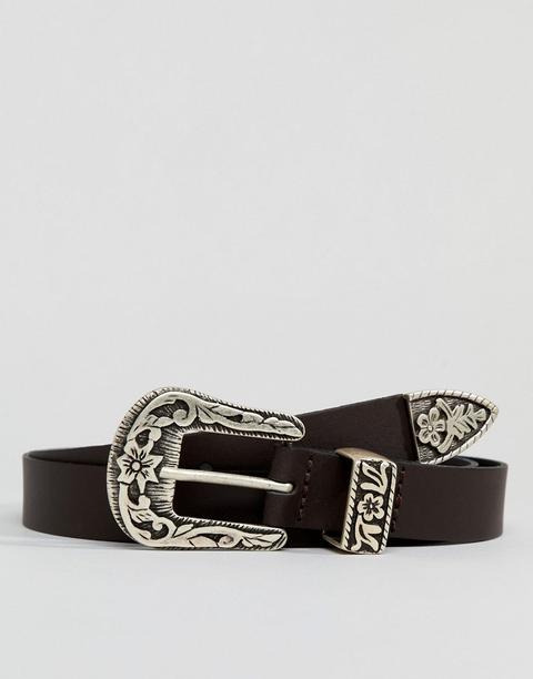 Asos Design - Cintura Slim Stile Western In Pelle Marrone - Marrone