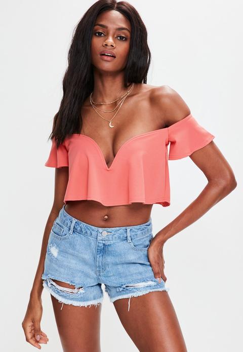 Crop Top Bardot Con Volantes En Rosa