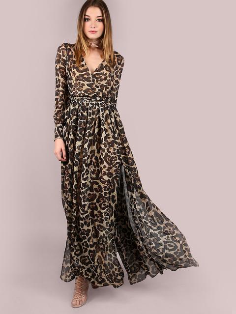 Abito Lungo In Chiffon Stampa Leopardata