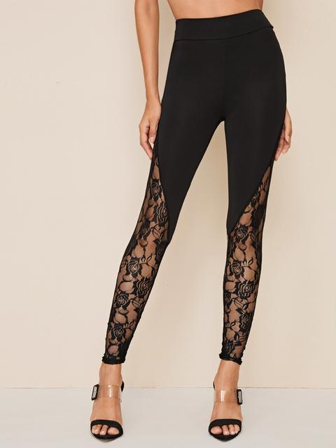 Leggings Skinny Con Ricamo E Pizzo A Contrasto