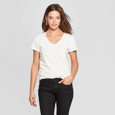 Women's Bow Print Monterey Pocket V-neck Short Sleeve T-shirt - Universal Thread