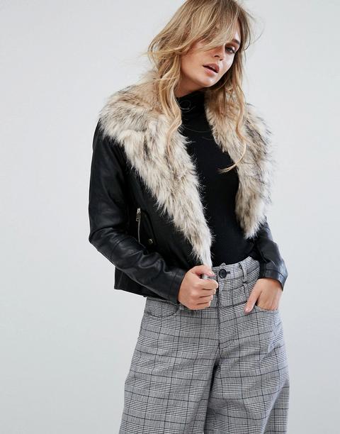 River Island Faux Fur Collar Leather Look Biker Jacket