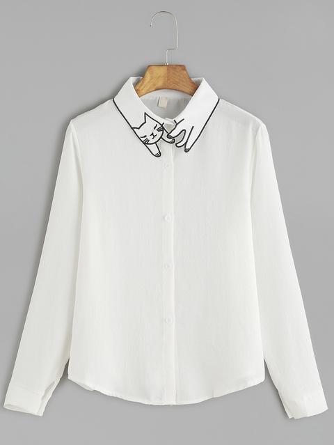 Camicia Con Collare Di Gatto Ricamato ,bianca