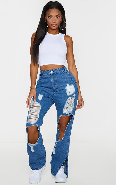 Shape Mid Blue Wash Extreme Distressed Split Hem Jeans