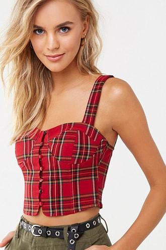 Forever 21 Sweetheart Plaid Crop Top , Red/multi