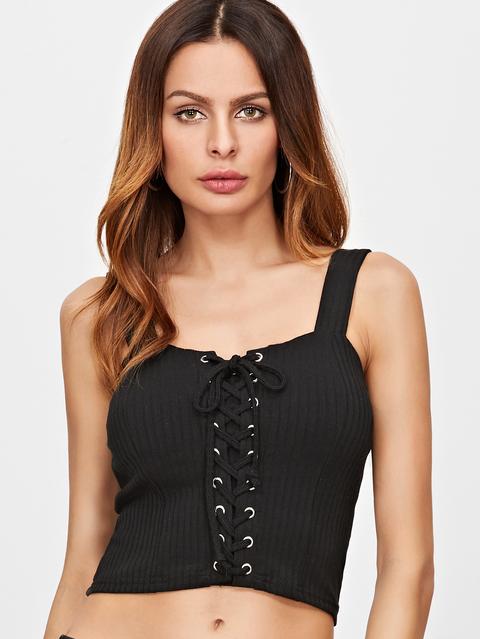 Black Lace Up Front Ribbed Crop Cami Top