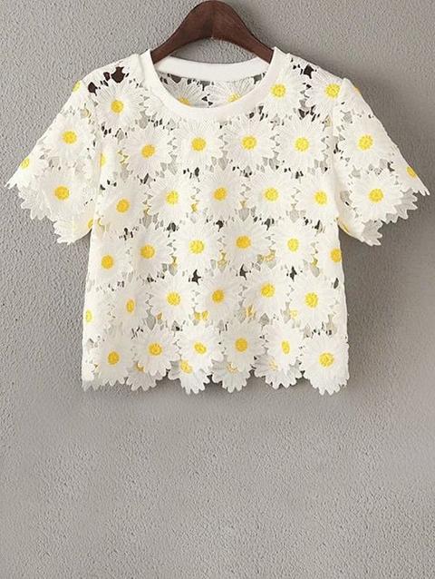 Daisy Modello Ricamo Girocollo Manica Corta T-shirt White