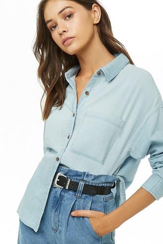 Forever 21 Chambray Button-front Shirt , Denim