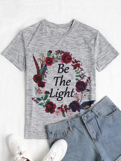 T-shirt Con Stampa Floreale E Lettere Gray