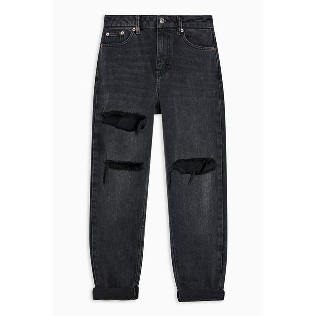 washed black ripped mom tapered jeans