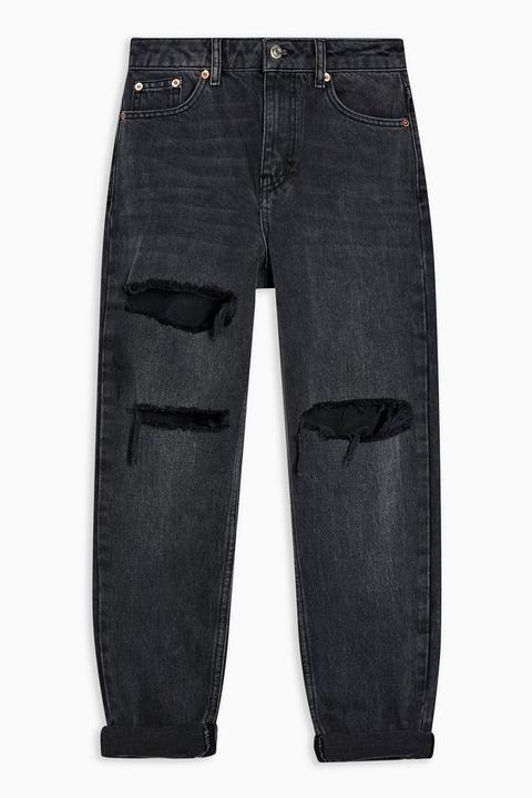 washed black ripped mom tapered jeans