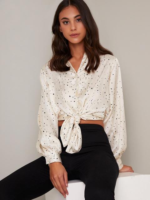 Spot Print Silky Tie Top In Ivory