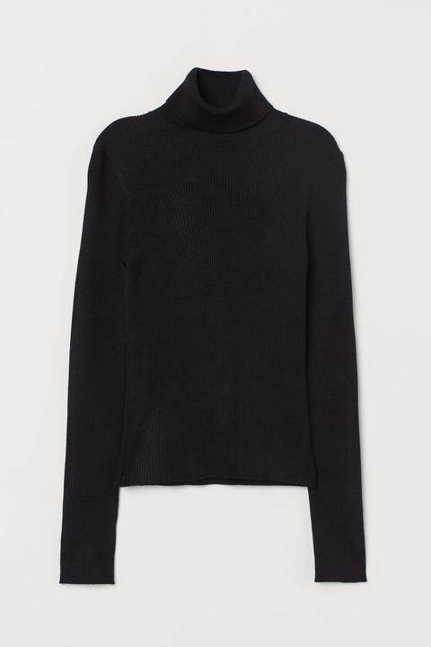 H & M - Pullover A Coste A Collo Alto - Nero