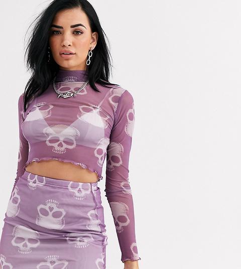 Rokoko Long Sleeve Mesh Crop Top In All Over Skull Graphic Co-ord-multi