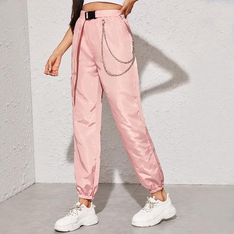 Push Buckle Belted Chain Detail Wind Trousers