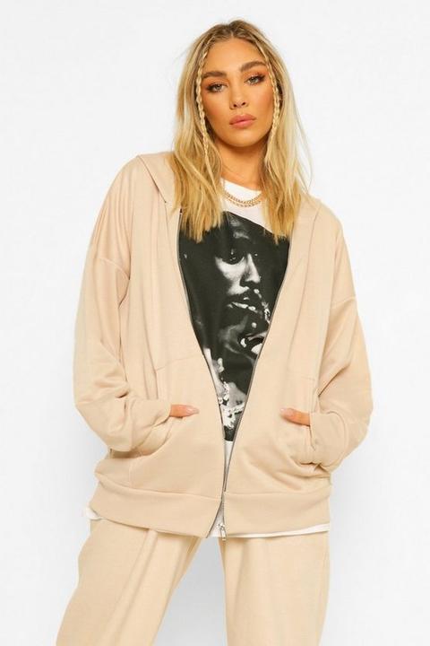 Womens Basic Oversized Zip Through Hoodie - Beige - 6, Beige