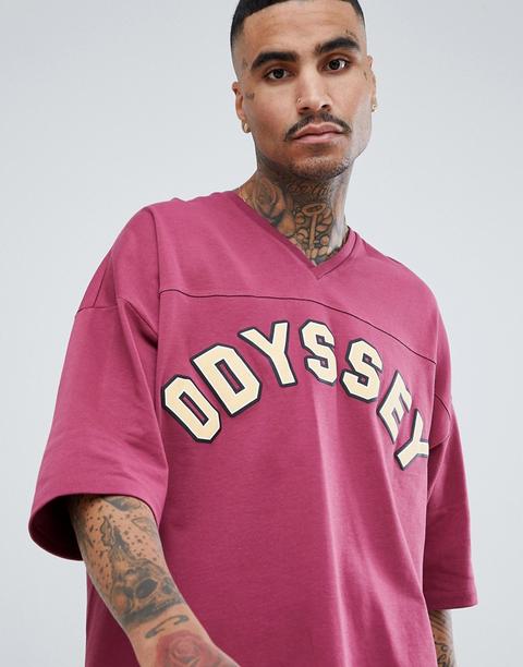 Asos Design Oversized V Neck T-shirt With Odyssey Print And Half Sleeve-red