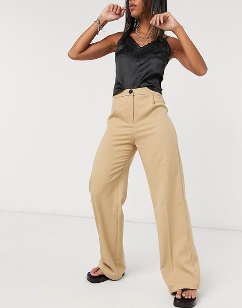 Bershka Wide Leg Relaxed Tailored Trouser In Beige-black