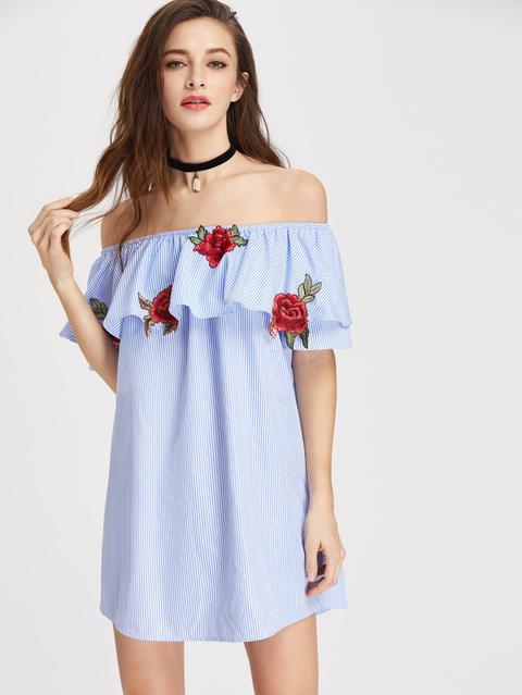 Embroidered Rose Patch Striped Flounce Bardot Dress