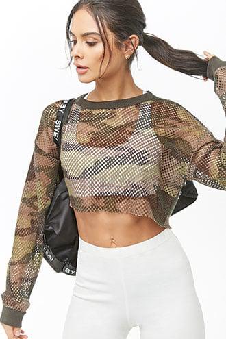 Forever 21 Active Camo Sheer Mesh Crop Top Olive/multi