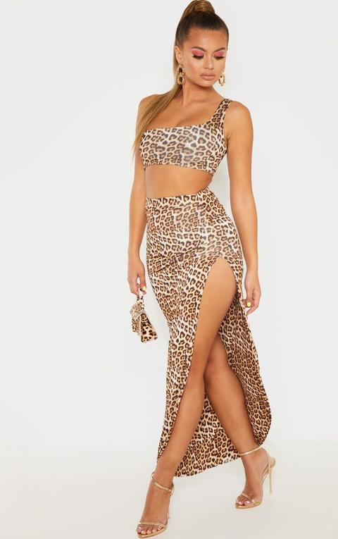 Tan Leopard Print Ruched Side Split Maxi Skirt