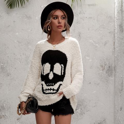 Fuzzy Knit Skull Graphic Jumper