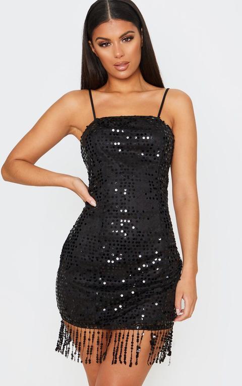 Black Strappy Sequin Tassel Hem Bodycon Dress