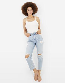 High Waist Destroyed Straight Jeans