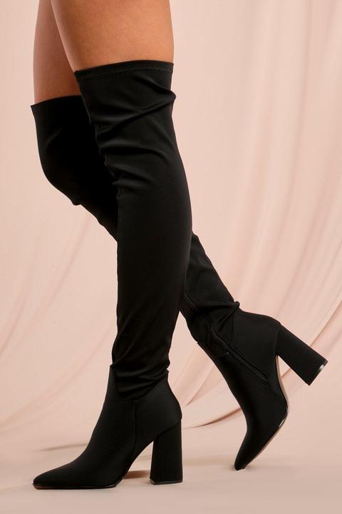 Womens Stretch Pointed Toe Block Thigh High Boot Black