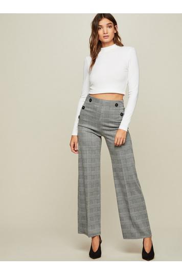 Womens Checked Buttoned Wide Leg Trousers, Black