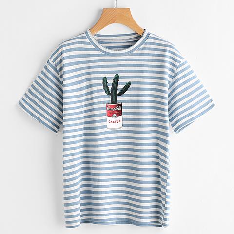 Camiseta De Rayas Con Estampado De Cactus Casual