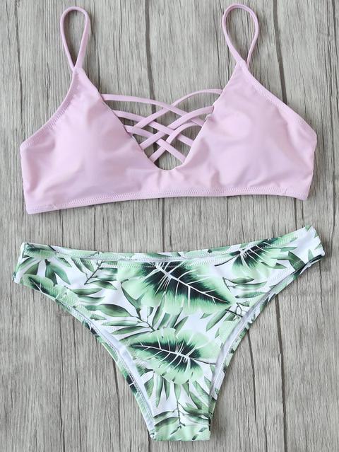 Top Bikini Con Incrocio Sul Retro ,con Slip Bikini Con Stampa Di Foglia