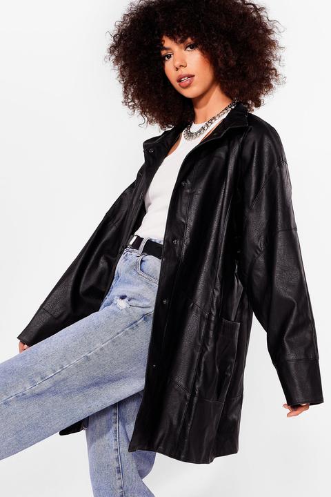 Womens Oversized Faux Leather Longline Jacket
