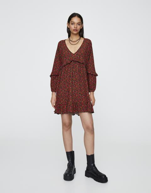 Robe Noire Imprimé Floral Volant