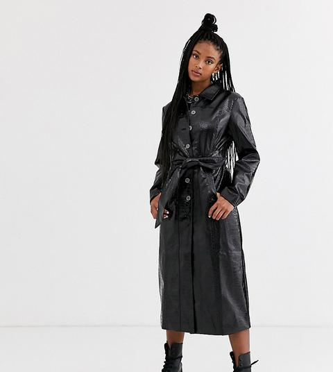 One Above Another Belted Trench Coat In Black Faux Croc