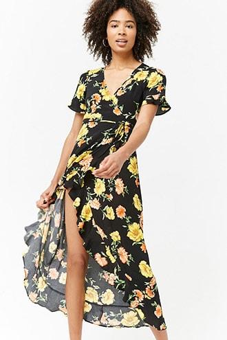 yellow and black wrap dress