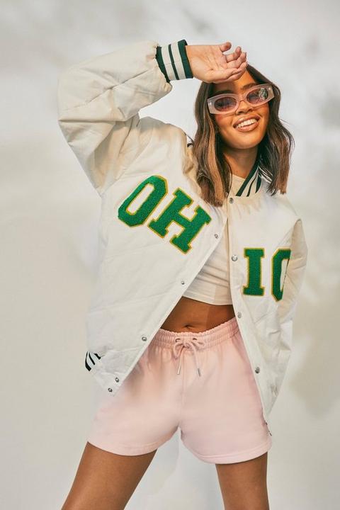 Womens Oversized Padded Ohio Varsity Jacket - White - 16, White