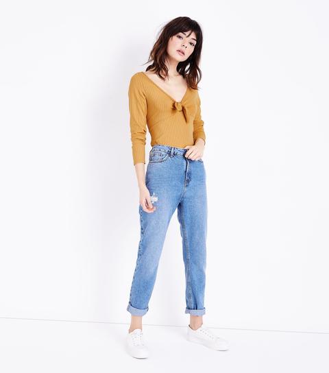 Mustard Ribbed Tie Front Bodysuit New Look