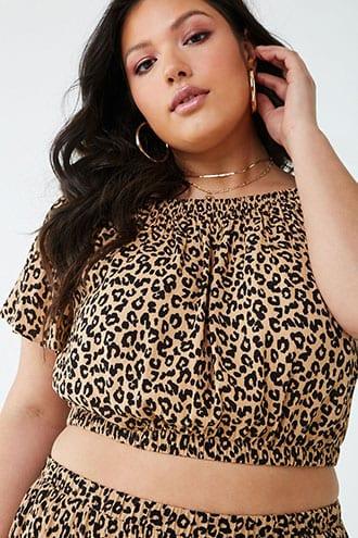 Forever 21 Plus Size Leopard Off-the-shoulder Crop Top , Taupe/black