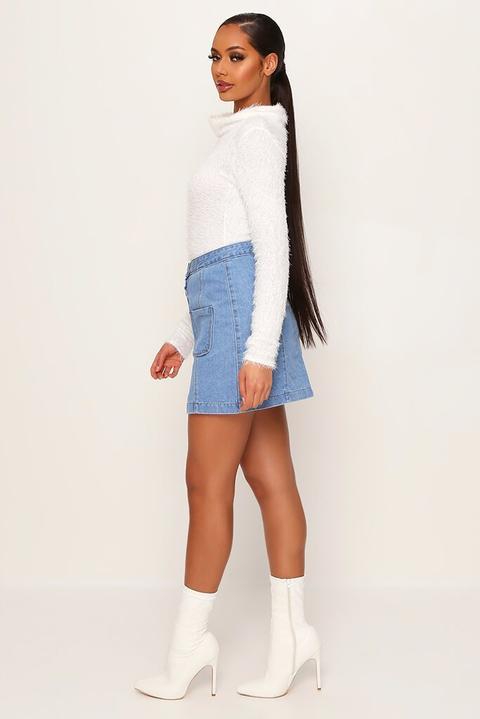 Mid Wash Button A-line Denim Mini Skirt